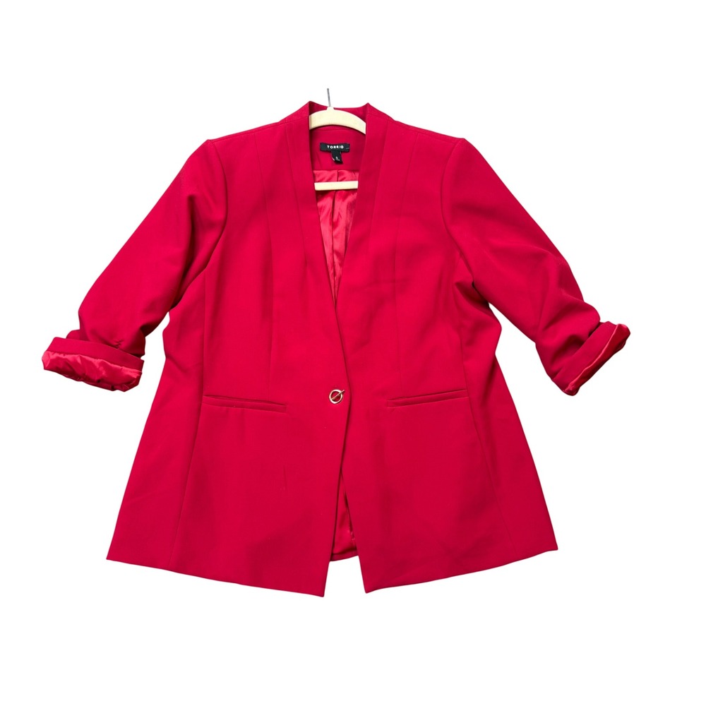 Torrid Blazer Womens 0 Red Excellent Ruched 3/4 Sleeve Open Front Career Jacket